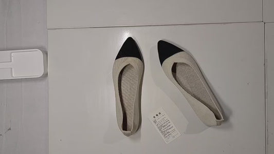 [037]NM Women's Pointed Toe Slip-On Flat Shoes with Soft Knit Uppers, Comfortable Maternity Pebble Shoes, Breathable Beijing Cloth Shoes
