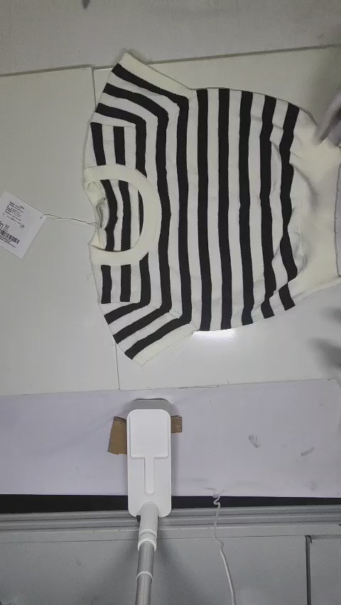 [082]GM   MEIYANG [In Stock] Berry Knit Top Ice Silk Look Striped Patchwork U-neck Short Length Short Sleeve Top