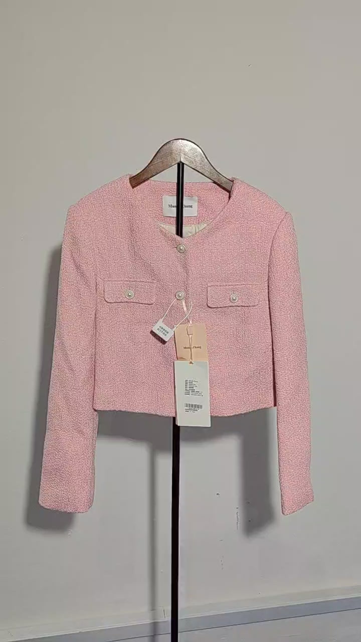 [593]N MandyZhang Elegant Pink Box-shaped Tweed Jacket for Women, Spring Gentle and Stylish Short Cropped Top