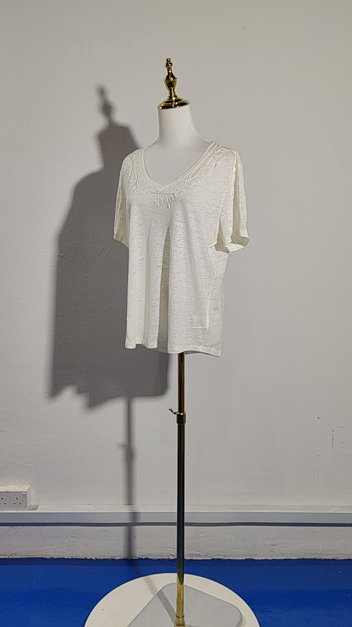 [960]MM   100% Knitted Linen Sequin Embroidery Short Sleeve T-Shirt, Fashionable Minimalist Style V-Neck Slimming Women's Top