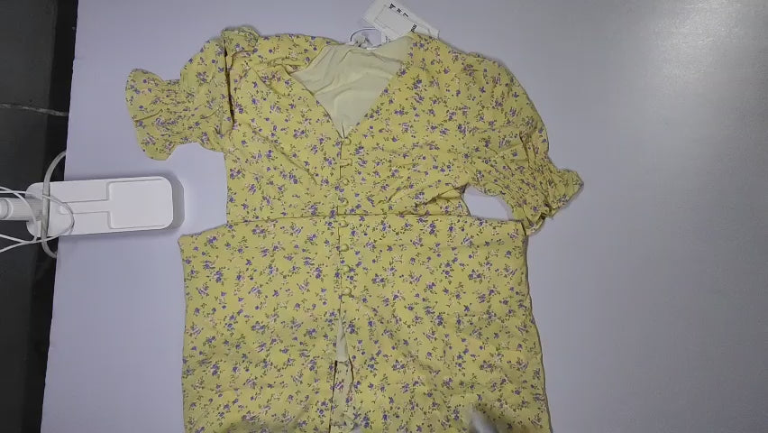 [116]GM  French V-neck chiffon yellow floral print dress for women summer puff sleeves waist belt tailored waist elegant slit tea dress