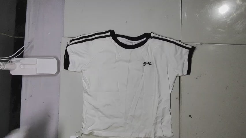 [347]MS Plus Size American Right Shoulder White Short-Sleeved T-Shirt for Women Summer Fat Sister Design Bow Stripesd Slimming Look Short Top