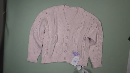 [579]MM Lukira [Soft Heartwarming] Pink V-Neck Cable Knit Cardigan for Women Autumn and Winter Loose Slouchy Sweater Jacket