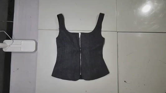 [194]GM  Women's 2025 Spring New Arrival Euro-American Style Versatile Zipper Detail Wide Shoulder Straps Square Neck Slimming Top 5063312
