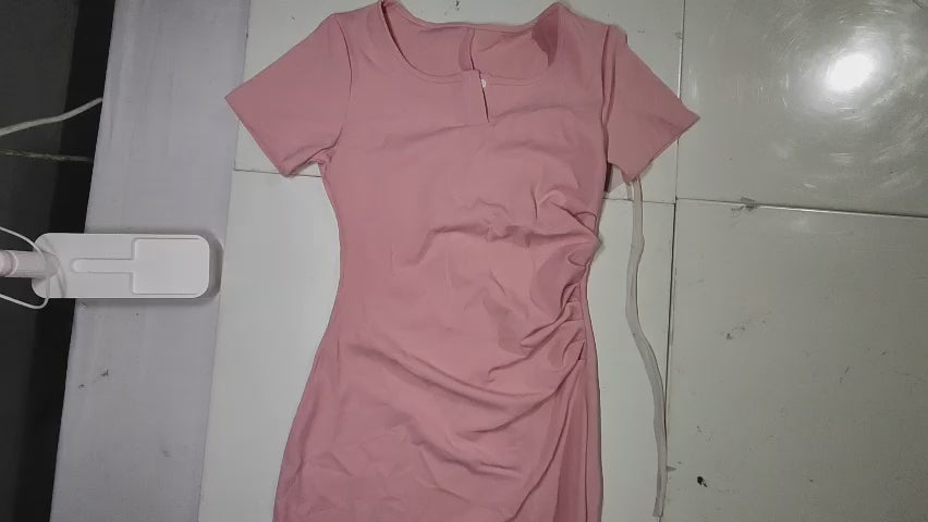 [964]MS ¡¾Promotional Price¡¿Summer Strapless Figure-Hugging Short-Sleeved Bodycon Skirt with Waist-Tight Design, Buttons, Solid Color, Pleated Skirt for Women