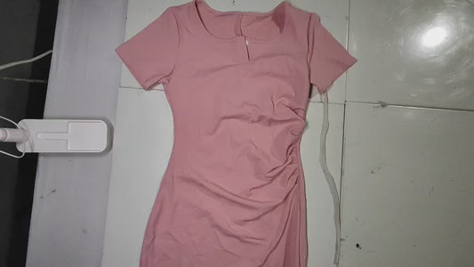 [964]MS ¡¾Promotional Price¡¿Summer Strapless Figure-Hugging Short-Sleeved Bodycon Skirt with Waist-Tight Design, Buttons, Solid Color, Pleated Skirt for Women