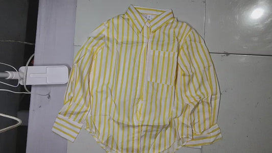 [040]GM   Liu Yifei's 2025 Dopamine Island Spring Outfit Women's Yellow Striped Shirt Vintage British Style Top