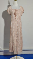 [589]GG    Pink Embroidered Square Neck Dress Women's Summer French Retro Style Tie-Waist Slimming Midi Dress