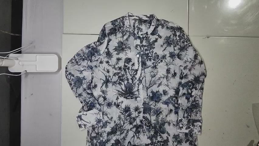 [485]GM   Yuan Factory BI Backup! Lightweight and Comfortable! Mid-Length Semi-Open Collar Ink Wash Painting Print Bee Embroidery Women's Shirt Top