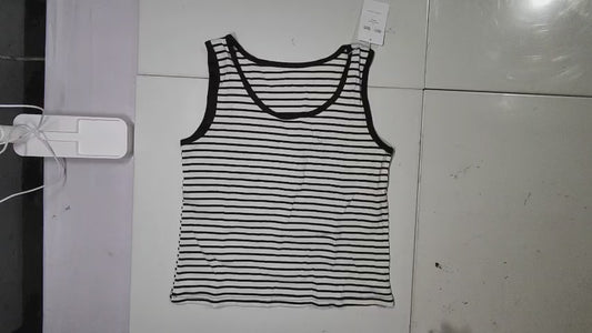 [344]MS Plus Size Women's Black Stripe Knit Vest Blazer Top with Tummy Control 100% Cotton Slim Strap