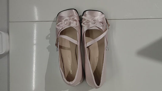[429]NM Women's 2025 Spring and Autumn New Collection Thick Heel Satin Bow Square Toe Mary Jane Shoes Horseshoe Heel High Heel Shoes
