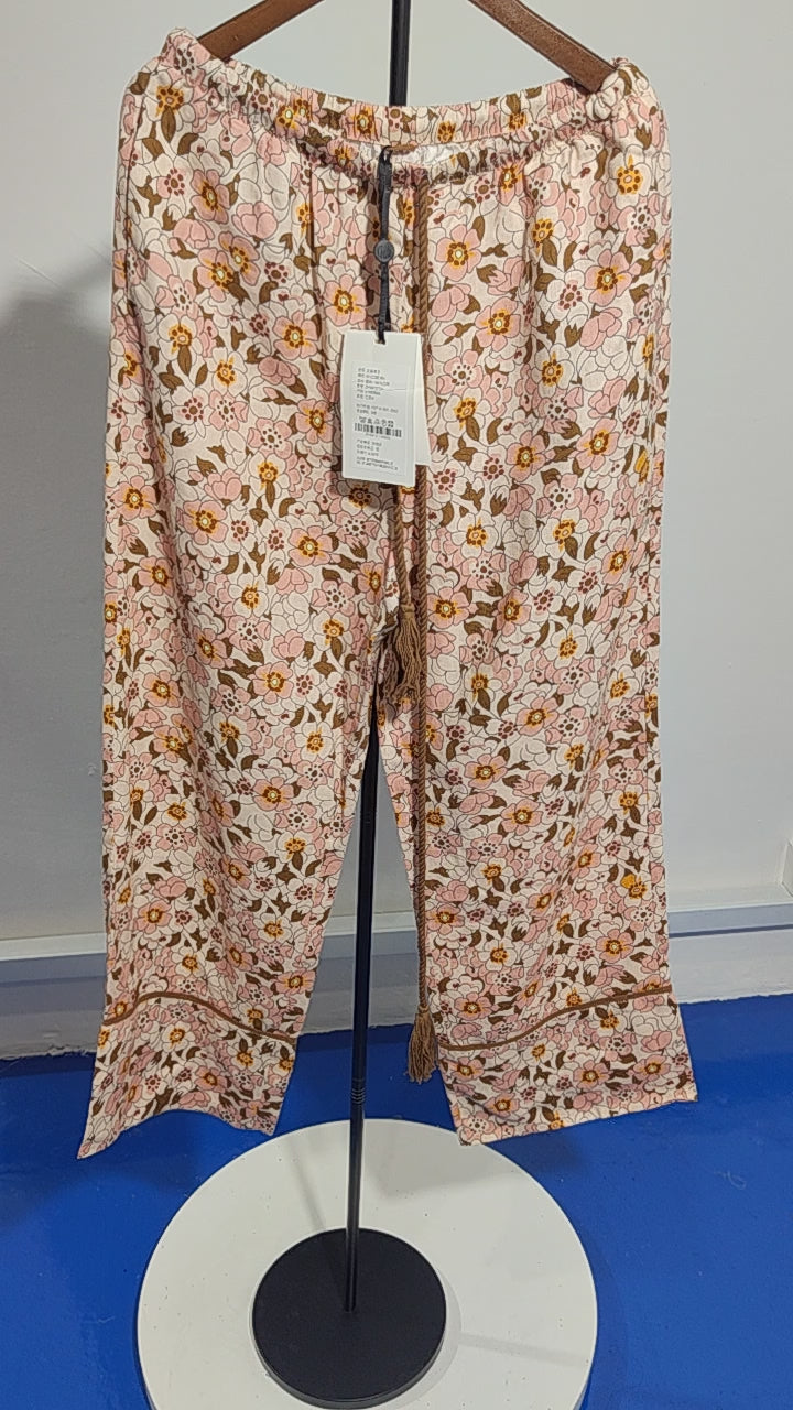 [424]G   [Promotional Price] 100% Hemp Printed Retro Unique Wide-leg Pants Casual Long Pants Artistic Slimming Vacation Drawstring Elastic Waist Straight-leg Pants