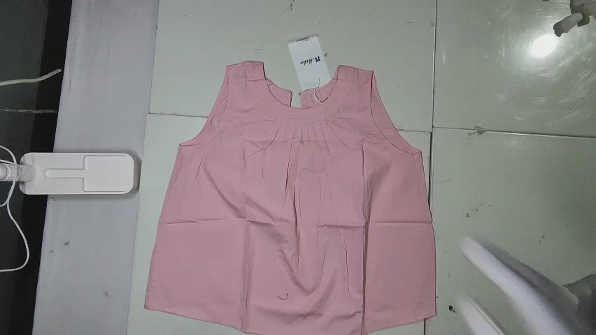 [650]GS  kk¡¤studio Curated Selection ~ Sweet Pink Round Neck Sleeveless Vest Top for Women, Summer Pleated Baby Doll Top