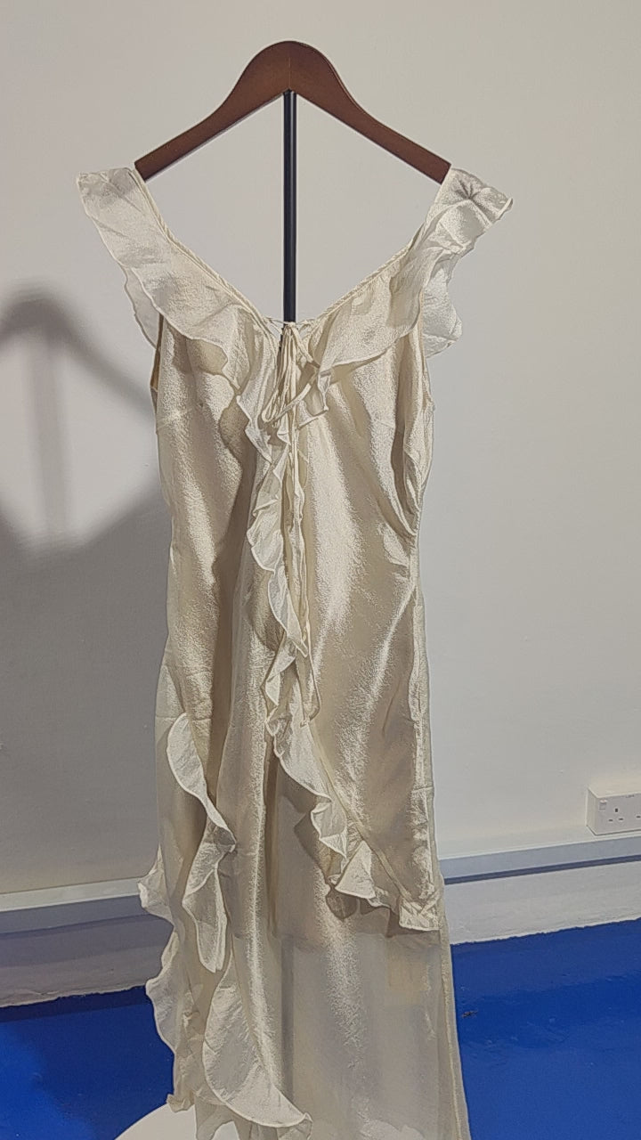 [082]M  OS7 Custom 6.26/20:00 Mother-of-Pearl Luster Bias-Cut Wave Lace Ephemeral Glimpse Translucent Dress