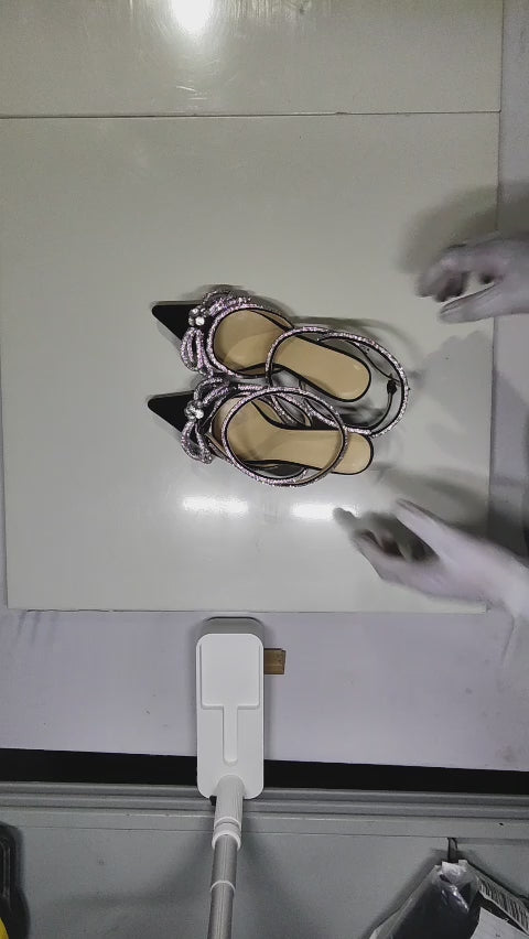 [600]MM High Version 25 New Mach Mach Pointed Toe Bow Rhinestone High Heel Closed Toe Silk Glitter Sexy Sandals