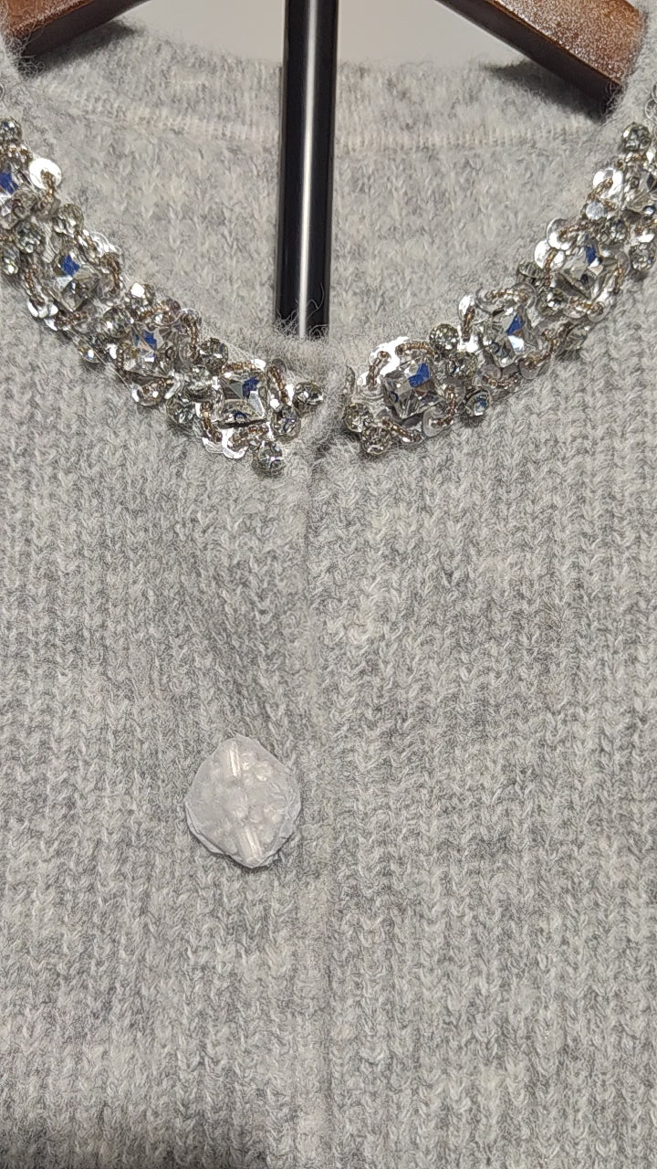 [459]G   MandyZhang Suli Alpaca Wool Round Neck Knit Cardigan with Pearl and Diamond Embellishments, Women's High-End Short Sweater