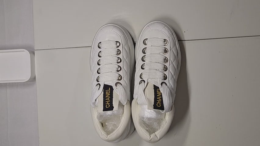 [586]MM 25 New Chanel-style Pique Pattern Color-blocked Platform Laced Casual Versatile Women's White Sneakers Sports Shoes