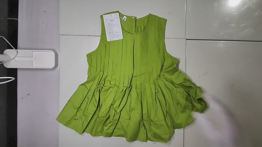 [545]GM  BoYu Green Designer Stylish Sleeveless Pleated Baby Doll Top Slimming Waist Summer New Round Neck Top