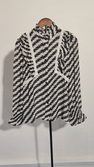 [098] [Flash Sale] Elegant Commuter 4-Way Wearable Black and White Striped Temperament Stand Collar Silk Shirt