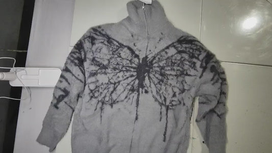 [445]MS American Gray Butterfly Jacquard Turtleneck Mink Velvet Knitted Cardigan for Women Spring & Fall Design Sweater Jacket Top