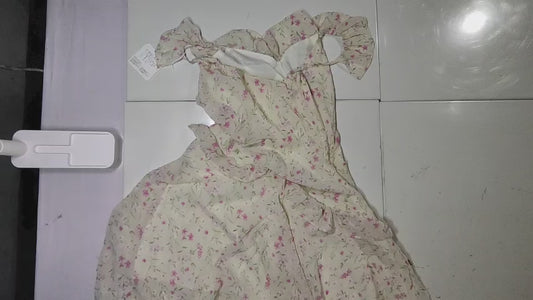 [716]MM  Women's Summer Irregular Floral Pattern V-Neck Cap Sleeve Beach Vacation Style French Waist-Cinching Slimming Fairy Long Dress