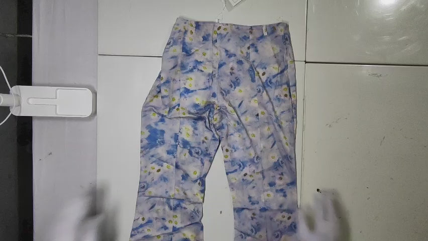 [875]MM  Top Brand Fall 2024 New Blue Background Daisy Print Straps Low Waist Casual Bell-Bottom Pants