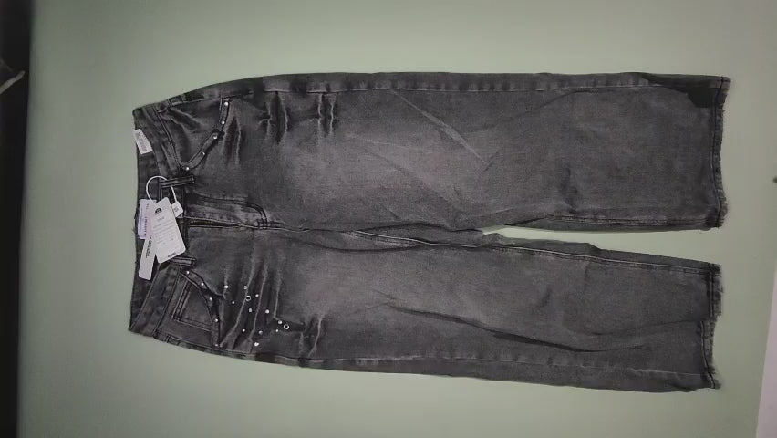[313]MM  Don Cry American Rivet Washed Gray Jeans Unisex Vintage Distressed Street Straight Leg Pants Tomboy Trendy