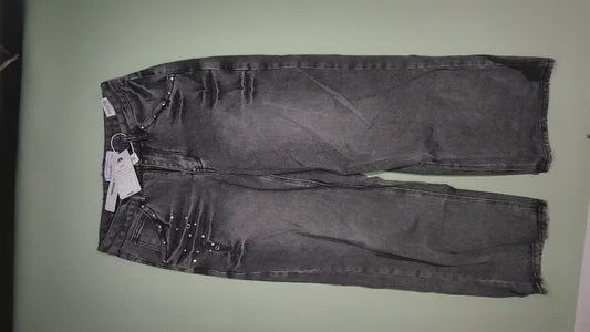[313]MM  Don Cry American Rivet Washed Gray Jeans Unisex Vintage Distressed Street Straight Leg Pants Tomboy Trendy