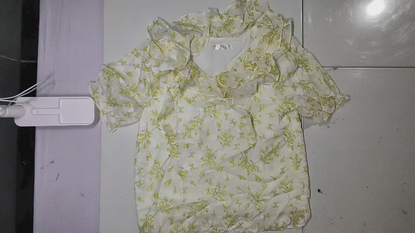 [335M] Women's 2024 Summer Ruffles Floral Print Short Sleeve Chiffon V-Neck Top - Designer Style Elegant Trendy Blouse