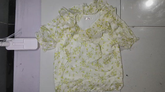 [335M] Women's 2024 Summer Ruffles Floral Print Short Sleeve Chiffon V-Neck Top - Designer Style Elegant Trendy Blouse