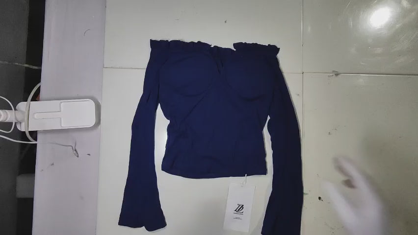 [859]NM Women's Deep Blue V-Neck Strapless Slimming T-Shirt with Bell Sleeves, Short Hem, Seductive and Sexy Long Sleeve Top