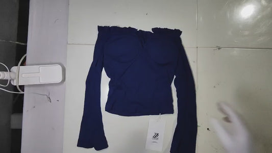[859]NM Women's Deep Blue V-Neck Strapless Slimming T-Shirt with Bell Sleeves, Short Hem, Seductive and Sexy Long Sleeve Top