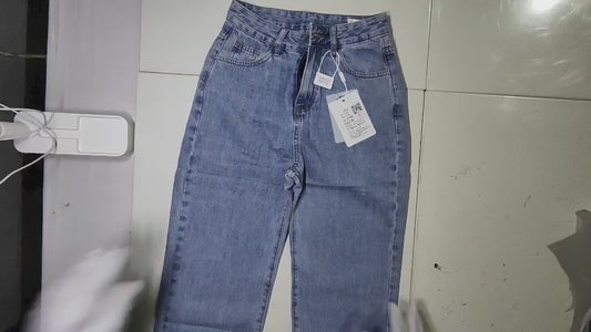 [120]MM  ¡¾Promotional Price¡¿150cm Petite Narrow Fit Denim Wide Leg Pants for Women Autumn Retro High Waist Straight Leg Long Pants 145cm Height-Enhancing XS