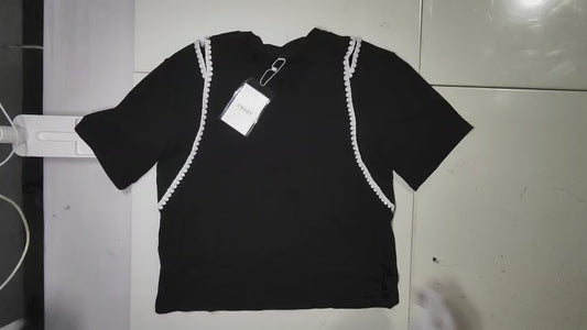 [339]MM  2025 Summer New Elegant French Shoulder-Baring Openwork Design Black Short-Sleeve T-Shirt and Split Skirt Set for Women