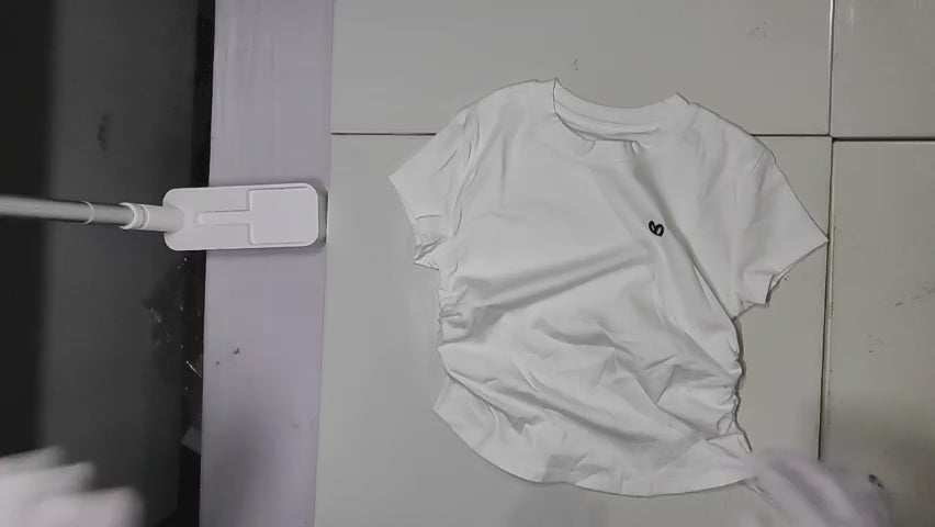 [065]MS Big Brand Foreign Trade Women's Department Store Withdrawn Women's Short Sleeve T-shirt with Heart Embroidery Spring and Summer Slim Fit Pleated Top with Standard Shoulder