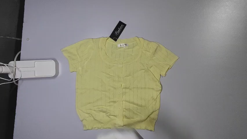 [292]GR  Guangzhou Thirteen Rows Korean Style Yellow Square Neck Ice Silk Short Sleeve Knit Cardigan Women Summer Petite Designer Look Top