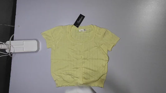 [292]GR  Guangzhou Thirteen Rows Korean Style Yellow Square Neck Ice Silk Short Sleeve Knit Cardigan Women Summer Petite Designer Look Top