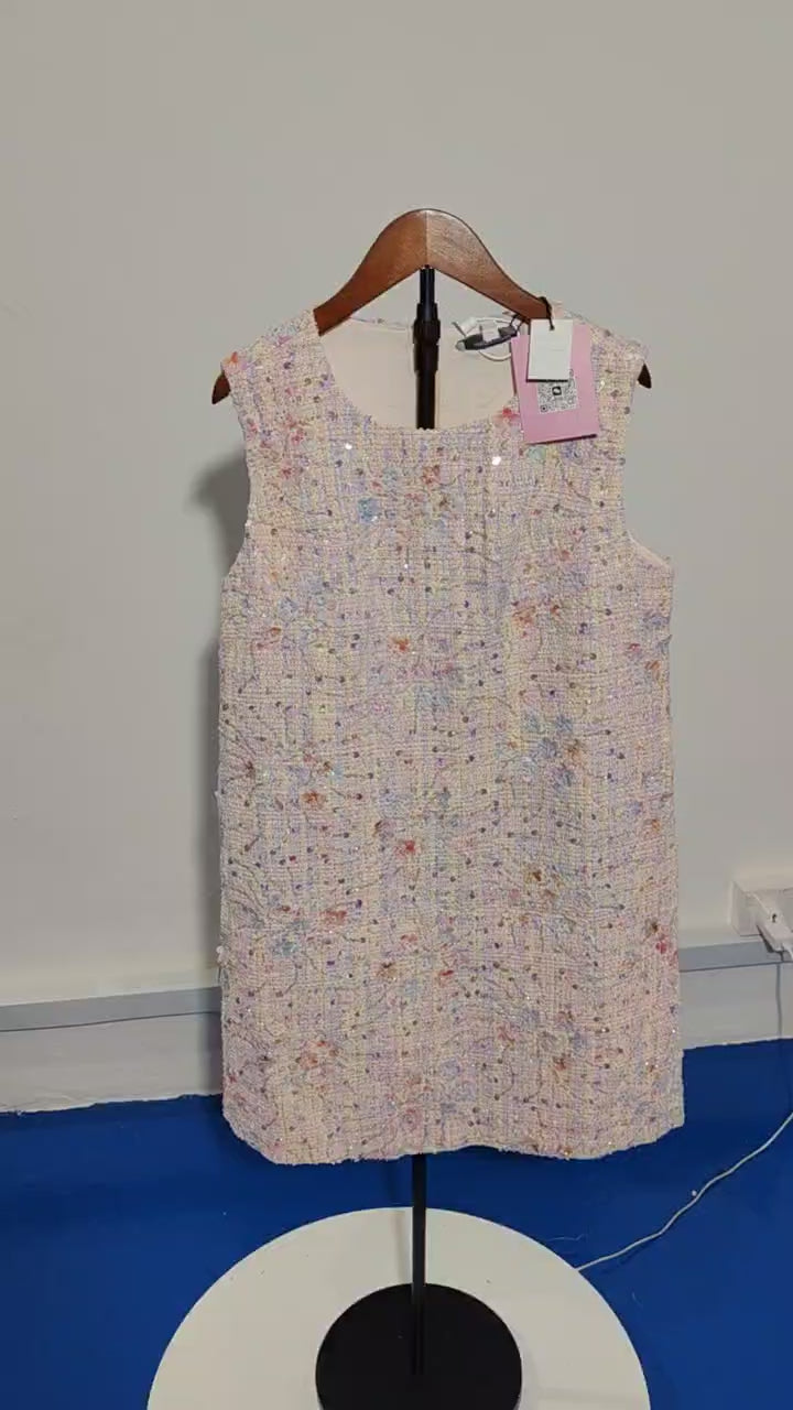 [133]G    MAVIS LEUNG Shining Star Flower Handmade Sequins Exquisite Details Wool Crepe Straight-Cut Dress