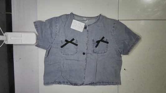 [610]MM Korean Round Neck Bow Denim Short Sleeve Women's Summer New Large Size Plus Size Curvy Unique Beautiful Short Top