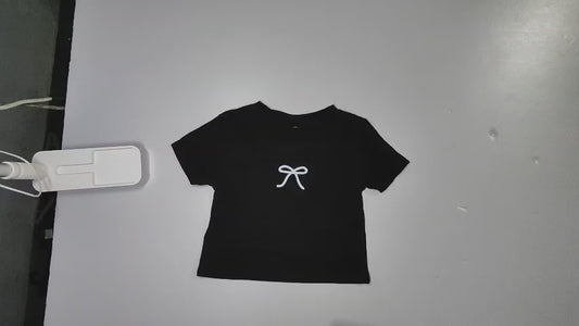 [442]GM  [Promotional Price] Black Bow-Embellished Form-Fitting Women's T-Shirt, 2024 New Summer Short-Sleeve Slim-Fit Sweet and Sexy Top