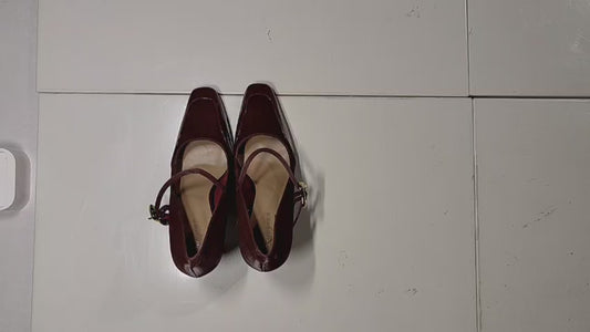 [107JR] Wine Red High Heel Small Leather Shoes - Suitable for Wedding Ceremony Attire, Daily Wear Vintage Square Toe Mary Jane Thick Heel Single Shoes for Women