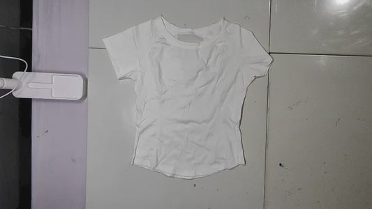 [865]MM  Lulu Style X-shaped Back Tulle Patchwork Sensual Round Neck Versatile Short Sleeve Summer 2024 Breathable Raglan Short Sleeve Top