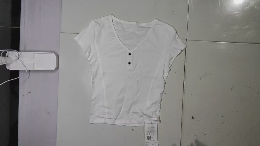 [918]MM  Designer-style V-neck exposing collarbone straight shoulder short sleeves women's 2025 summer new arrival unique fishbone slimming short-length top