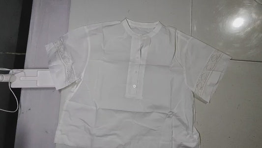 [580]GM  Qingcheng Suxiaotang | Light Cloud Cool Breeze Blouse White Loose Round Neck Sweater Women's Hollowout 5/8 Sleeve Top
