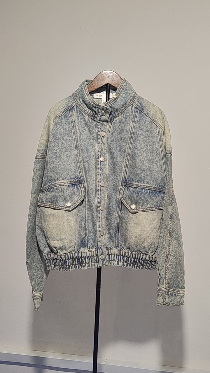 [952]N  Shuen 2025 Spring Women's Designer Loose Fit Elastic Hem Stone-Washed Blue Denim Jacket