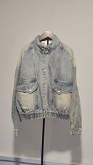 [952]N  Shuen 2025 Spring Women's Designer Loose Fit Elastic Hem Stone-Washed Blue Denim Jacket