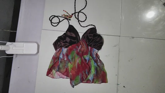 [594]MM  ROCKMORE [Asian Vintage] Art Student Color Block Bead Hanging Strap Resort Style Small Bust Bikini
