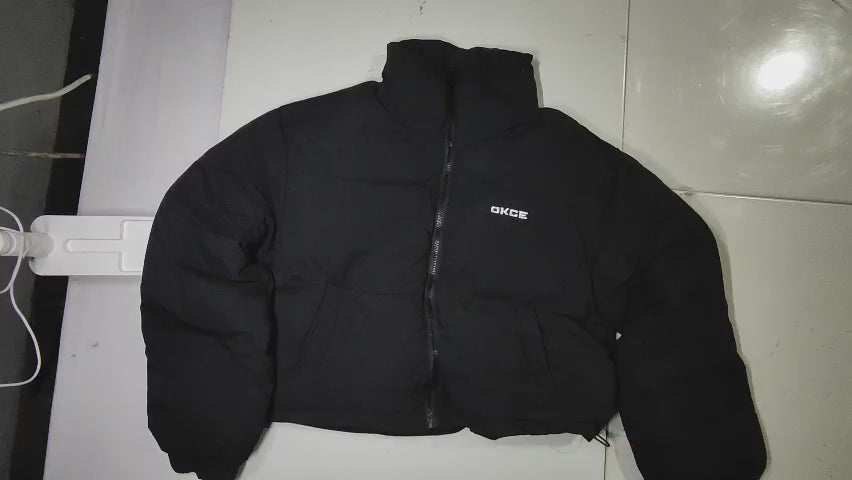 [909]GM  OKCEY LAB Kendall Style Short-Length Down Jacket with Embroidery, Stylish Winter Thick Warm Outerwear with Stand-Up Collar Puffer Jacket