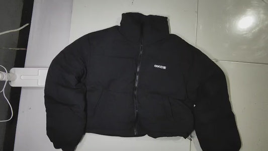 [909]GM  OKCEY LAB Kendall Style Short-Length Down Jacket with Embroidery, Stylish Winter Thick Warm Outerwear with Stand-Up Collar Puffer Jacket