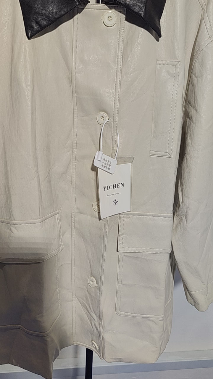 [756]N  2025 New Women's Spring and Autumn Beige PU Jacket with Contrast Color Stand-Up Collar - Versatile, Trendy, Super Popular, High-End Feel